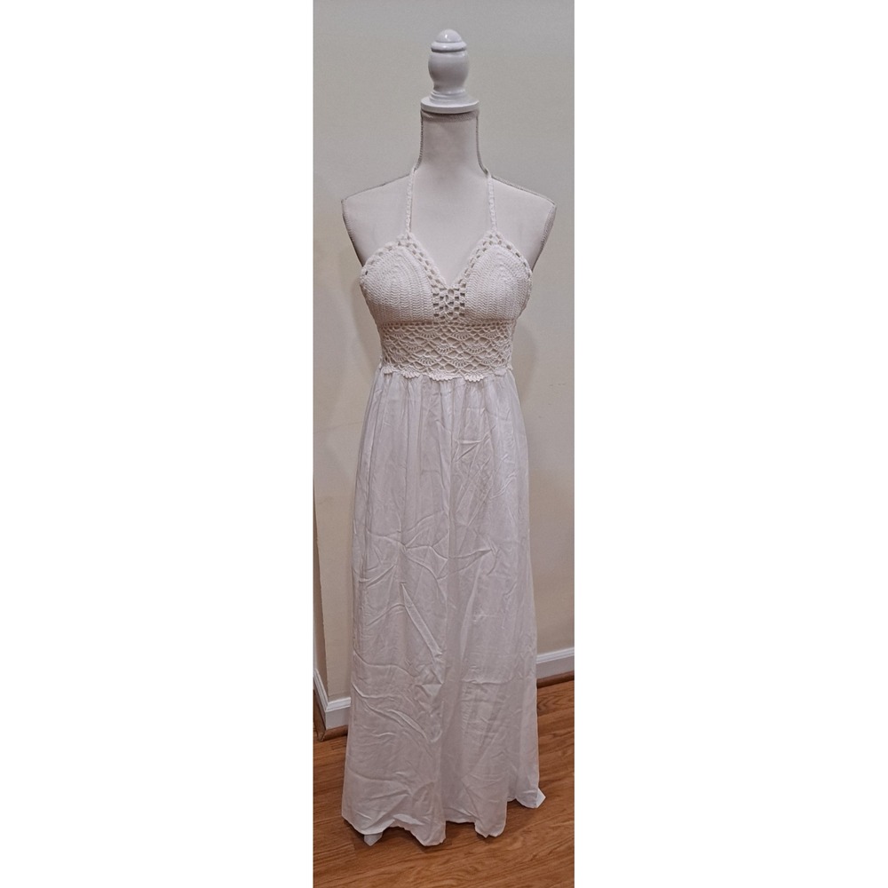 NWT Women's Lilbetter‎ White Crochet Lace Halter Flare Long Maxi Beach Dress XS